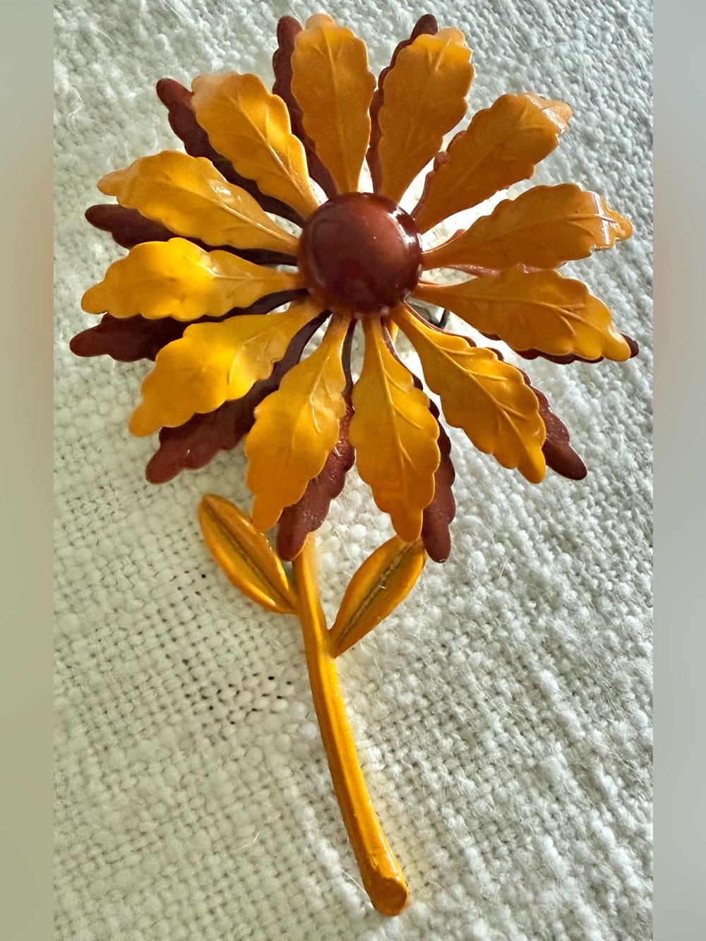 Vintage Mustard Yellow & Brown Metal Enamel Daisy Flower extra large